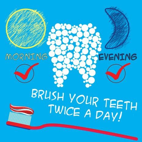Kids dental health daily routine includes brushing 2 times daily and flossing daily