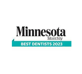 Logo of "minnesota monthly best dentists 2023" featuring bold text with a teal banner.