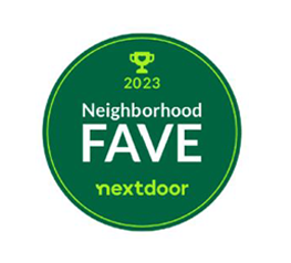 2023 neighborhood favorite award logo from nextdoor, featuring a trophy icon, set against a green circular background.